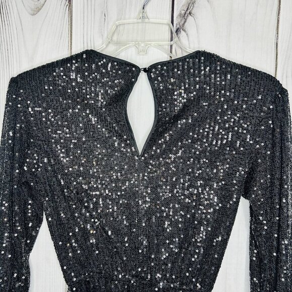 Midnight Doll Black Full Sequin Shorts Romper Tie Waist Sz XS Long Sleeve - Picture 6 of 8